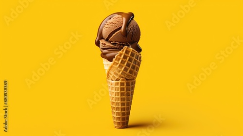 Chocolate ice cream in waffle cone on a yellow background