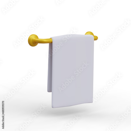 White towel on golden horizontal holder. Luxurious accessory for bathroom. Cloth for wiping after bathing. Comfort and care. Color vector image in cartoon style