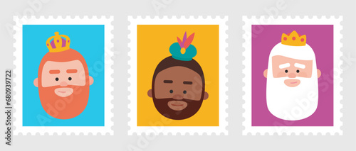 Cute Stamps packs of the wise men. The three kings of orient, Melchior, Gaspard and Balthazar.