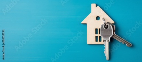 The concept of buying real estate, minimalistic blue background. A key with a keychain in the form of a house. Rental housing, purchase or sale. Banner with copy space. Generative AI.