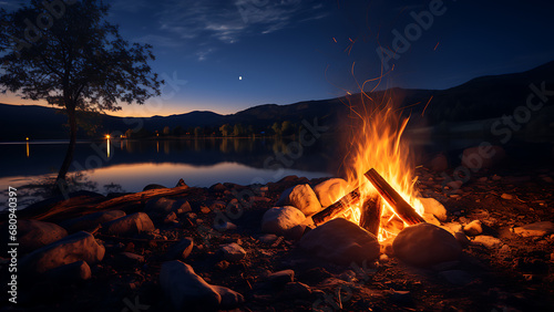 Campfire beside the lake and a clear starry sky.