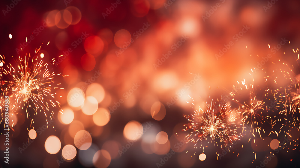 Fototapeta premium Red and Gold Fireworks and bokeh background. New Year's eve concept.