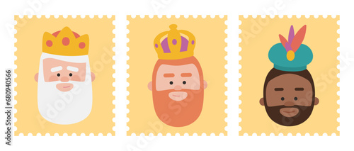 Cute YELLOW Stamps packs of the wise men. The three kings of orient, Melchior, Gaspard and Balthazar.