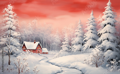Winter Haven: Illustrating a Serene Landscape with Three Charming Red Houses Amidst a Snowy Setting
