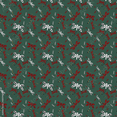 Dragonfly Seamless repeat pattern in hunter green background, abstract motif minimalist classic colorful