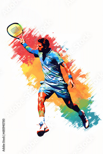Abstract watercolour painting of an athlete male tennis player at a match sport tournament event, exemplifying athleticism and competitive spirit, computer Generative AI stock illustration image