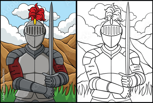 Knight in Armor Coloring Page Colored Illustration