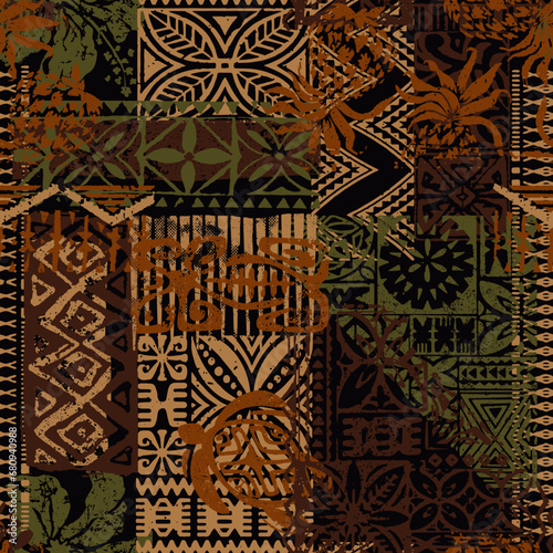 Hawaiian style tribal element fabric patchwork abstract vintage vector seamless pattern 