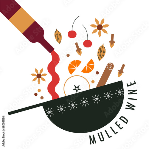 Hot mulled wine, ingredients, fruits, spices, steam. Autumn cocktail. Pot with red wine, citrus, cinnamon, clove, star anise. Winter homemade drink vector illustration. Flat trendy abstract style.