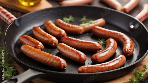 fried sausages on a frying pan