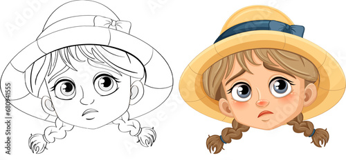 Sad Girl with Braids: A Doodle Outline for Coloring