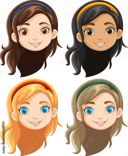 Set of Four Beautiful Girls with Different Hair Colors
