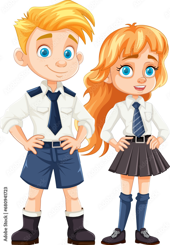 Male and Female Students in Cartoon Uniforms Male and Female Students in Cartoon Uniforms