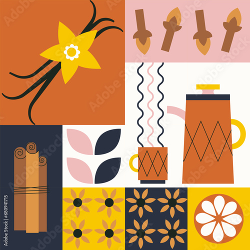 Aromatic spices illustration. Healthy herbal tea ingredients. Food and drink pattern. Simple, geometric, modern style. Spices for making a drink. Abstract background for poster, menu, cafe, spice shop