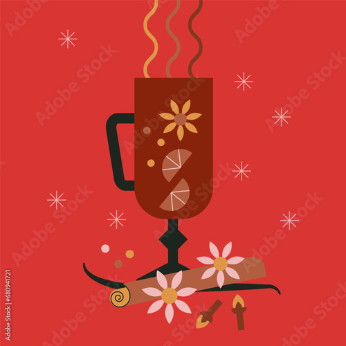 Glass of mulled wine with orange fruit, star anise and cinnamon stick on red background. Hot wine. Spicy and healthy warm winter drink. Vector illustration. Flat trendy abstract style.