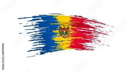 Moldova flag animation. Brush painted moldavian flag on white background. Brush strokes. Moldova state patriotic national banner template. Place for text. Animated design element, seamless loop