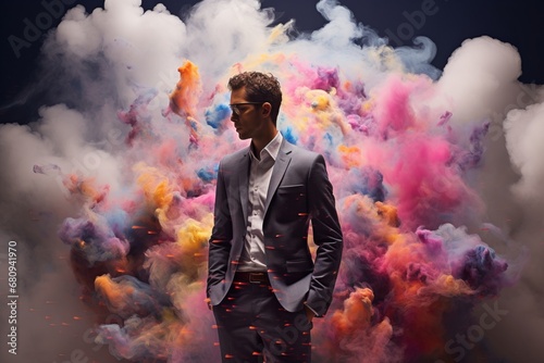 The Elegant Man in a Tuxedo Surrounded by Vibrant Colored Smoke