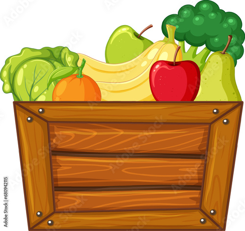 Fresh and Colorful Fruits and Vegetables in Wooden Crate