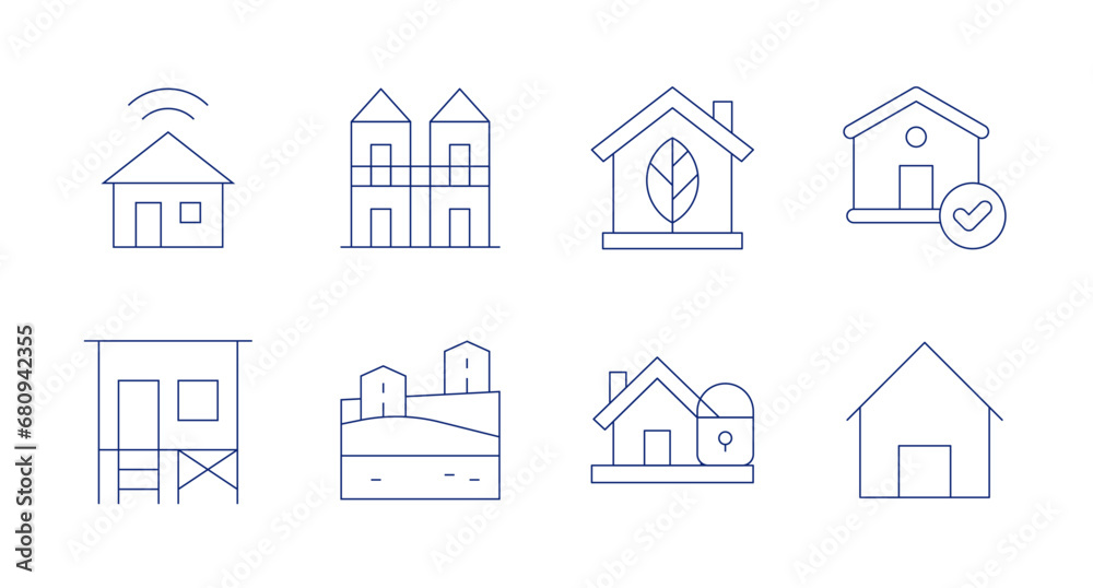 Home icons. Editable stroke. Containing house, beach house, smart home, house lock, townhouse, village, home.