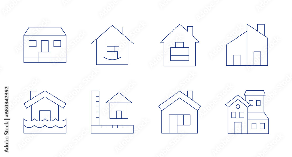 Home icons. Editable stroke. Containing house, flooded house, working at home, retirement home, size, modern house, semi detached.