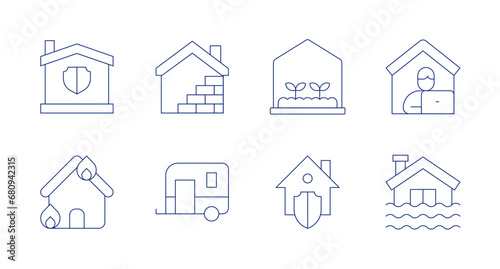 Home icons. Editable stroke. Containing home insurance, house on fire, green house, caravan, flood, work from home, construction.