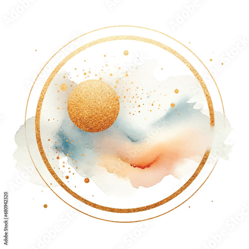 Gold round circle frames with colorful watercolor splash splatter stain brush strokes gold glitter painting pattern on white background. Trendy isolated watercolor design on white. Element. For cards