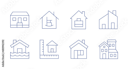 Home icons. Editable stroke. Containing house, flooded house, working at home, retirement home, size, modern house, semi detached.