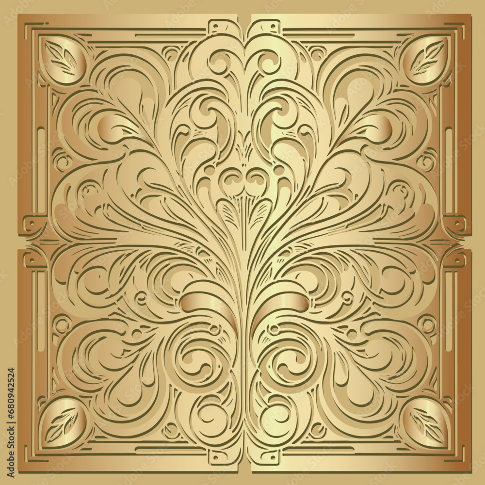 3d gold Art Nouveau old retro style floral ornamental seamless pattern with square frames, borders.  Floral vector golden background.  Vintage art nouveau flowers ornaments. Ornate texture. Element