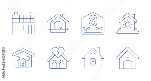 Home icons. Editable stroke. Containing solar house, green home, green house, home, broken, house, dog house.