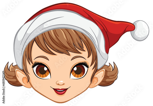 Adorable Cartoon Girl with Christmas Hat