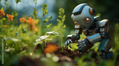 Advanced Robot Analyzing Plants in Garden