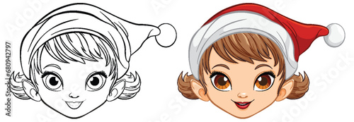 Cute Girl Cartoon Head with Christmas Hat