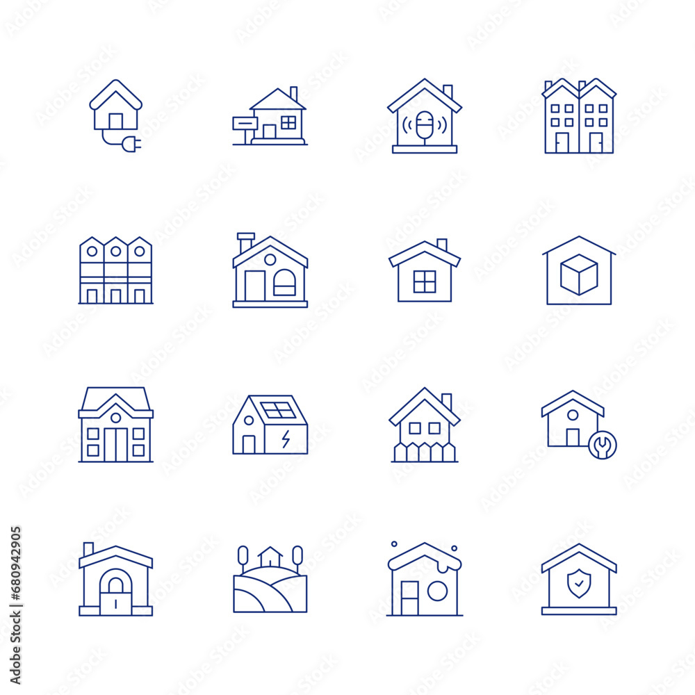 Home line icon set on transparent background with editable stroke. Containing house, houses, home, home insurance, smart home, house for sale, semi detached, storage, house insurance, house repair.