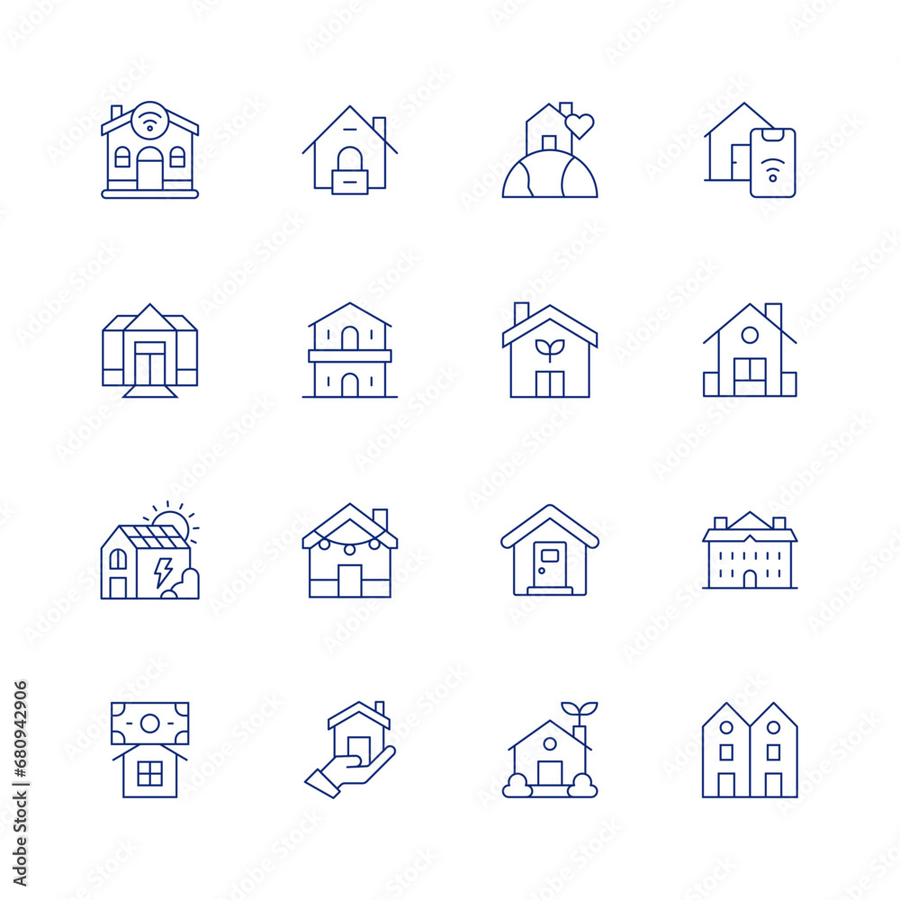 Home line icon set on transparent background with editable stroke. Containing smart home, home, nursing home, eco house, home insurance, eco home, house, retirement home, decoration, manor, chalet.