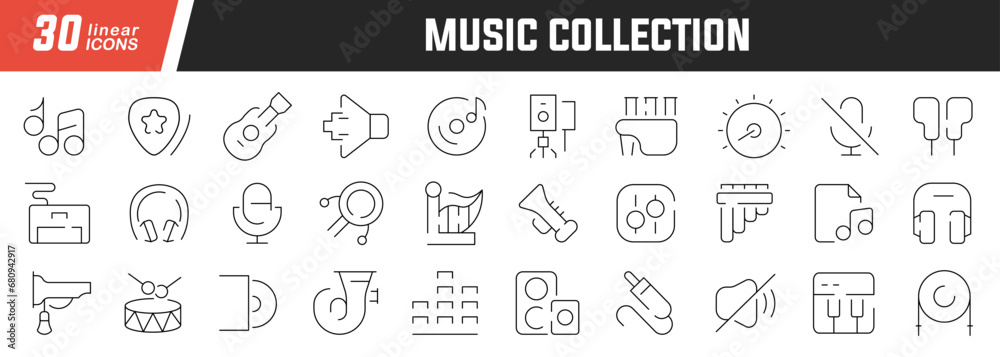 Music linear icons set. Collection of 30 icons in black Music linear icons set. Collection of 30 icons in black