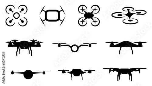 Civilian aerial drone icons in black on a white background. Set of aerial drone silhouette. Logos templates of flying drones. Set of flying drones