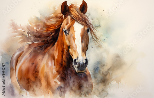 Horse portrait in watercolor style. Horse with long mane