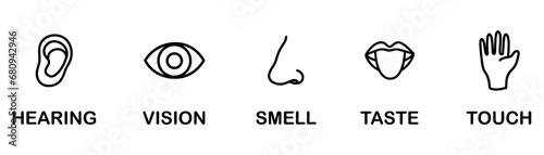 Human sense icons. Five human senses icons. Hearing  vision  smell  taste  touch symbol collection. Five fillings icons