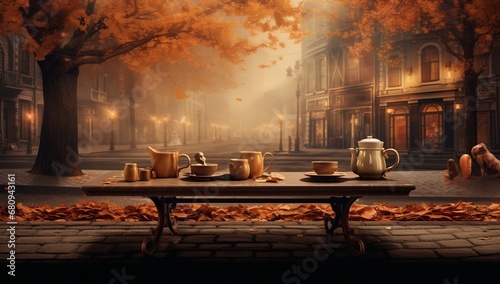 A Serene Table Setting  A Captivating Painting of a Tea Set on Display