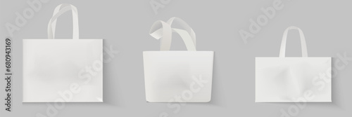 Blank shopping paper bag collection with shadow on a gray background. White paper bag isolated on white background