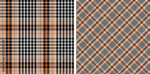 Lumberjack plaid seamless pattern. Seamless Check tartan in Black ,White and Orange with herringbone(Double set)