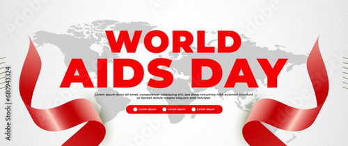 World AIDS day banner design with red ribbon and world map elements