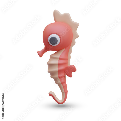 Cute 3D seahorse, side view. Colorful sea creature. Oceanic character for creative illustrations, summer vacation advertising. Template, icon for online aquarium shop