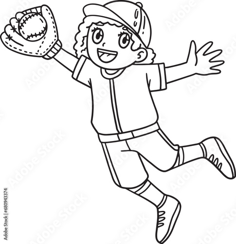 Girl Fielder Catching Baseball Isolated Coloring 