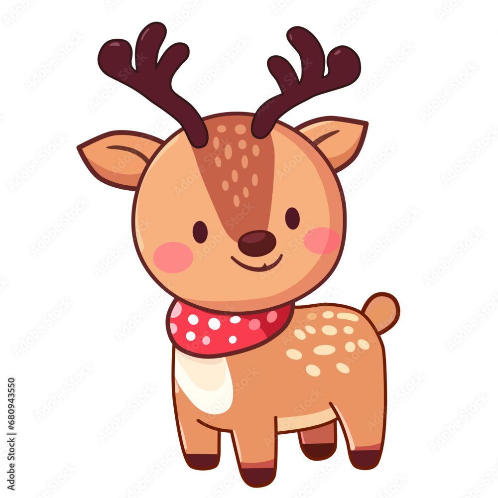 Fototapeta premium Cute Reindeer with horns red scarf. Christmas Cartoon vector illustration.