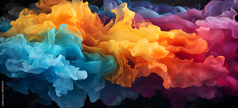 Explosion of colorful water and ink texture into a colorful cloud floating