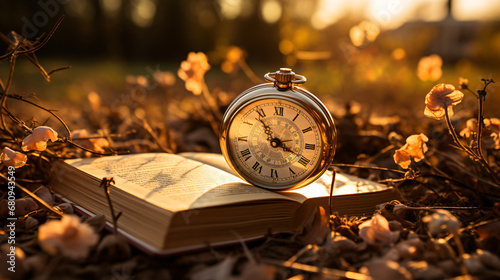 Vintage pocket watch and open book on the grass at sunset.