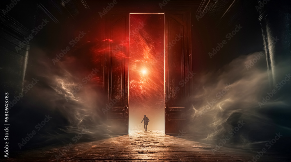 Mysterious door of an ancient temple in the dark with rays of light. Old wooden door with light rays coming through the old door. Halloween concept - obrazy, fototapety, plakaty 