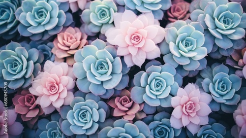 Pastel colored succulent plants pattern background. Wall from beautiful flowering pink and blue echeveria, sedum succulent house plants