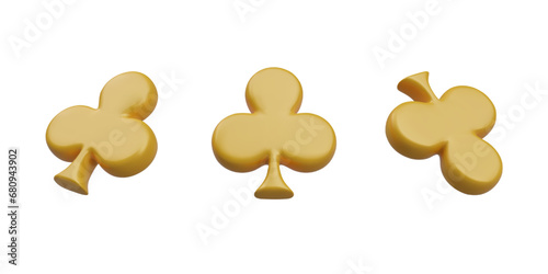 Clubs in yellow gold colors collection. Set with items for playing card games. Concept of casino Vegas game and poker. Vector illustration in 3D style